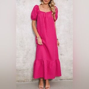 Pink Gingham Off-Shoulder Maxi Dress